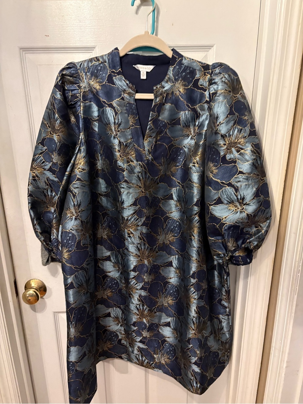 crown & ivy Navy and Light Blue Floral Satin Mini Dress with Gold Detail